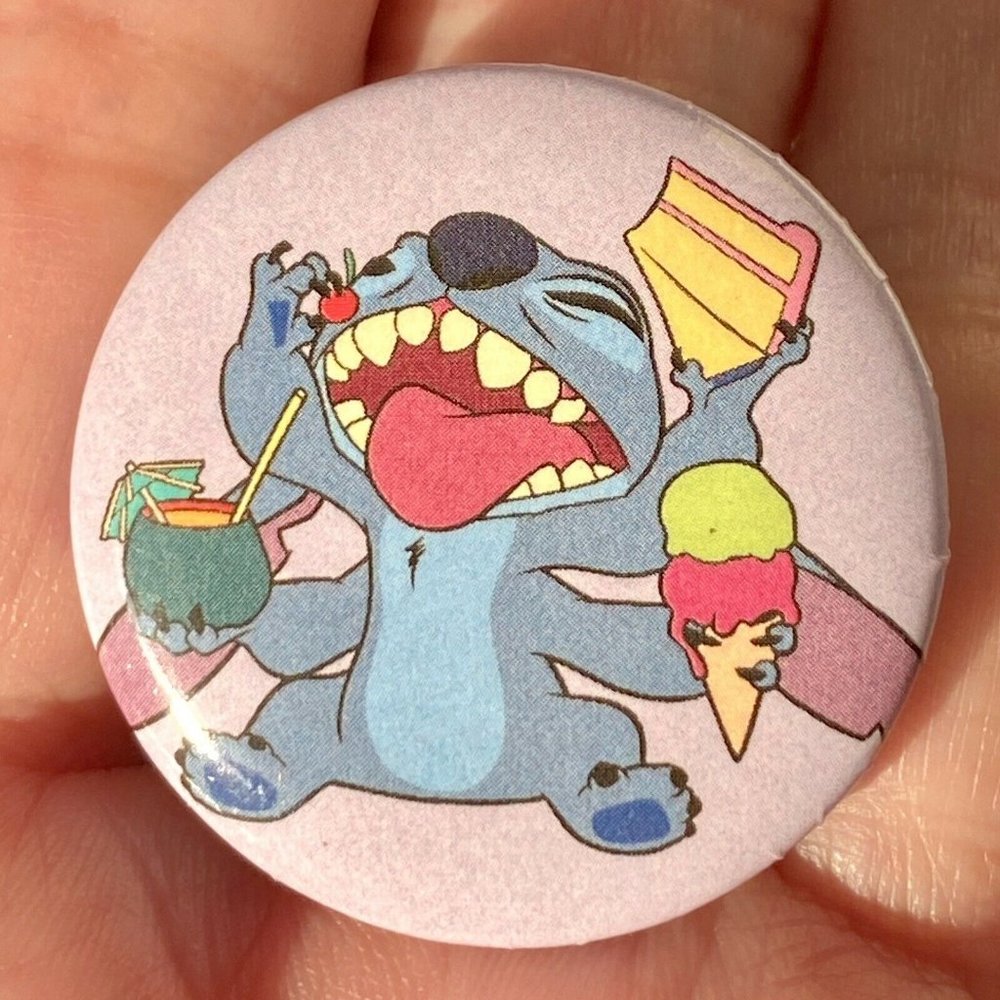 Disney Stitch Hungry Eating Ice Cream Cake Cherry Coconut Button Pinback 1.25”